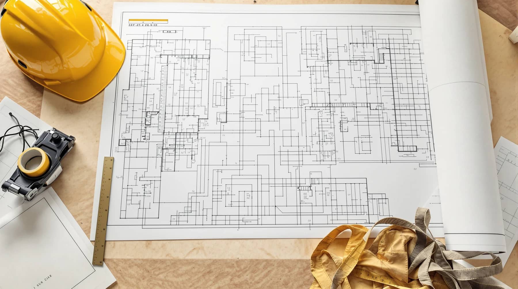 Plans techniques déroulés sur une table de chantier, avec casque, règle et mètre ruban.