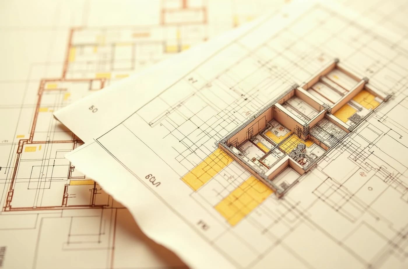 Planches techniques superposées, tracés et repérages d'un dossier de consultation.
