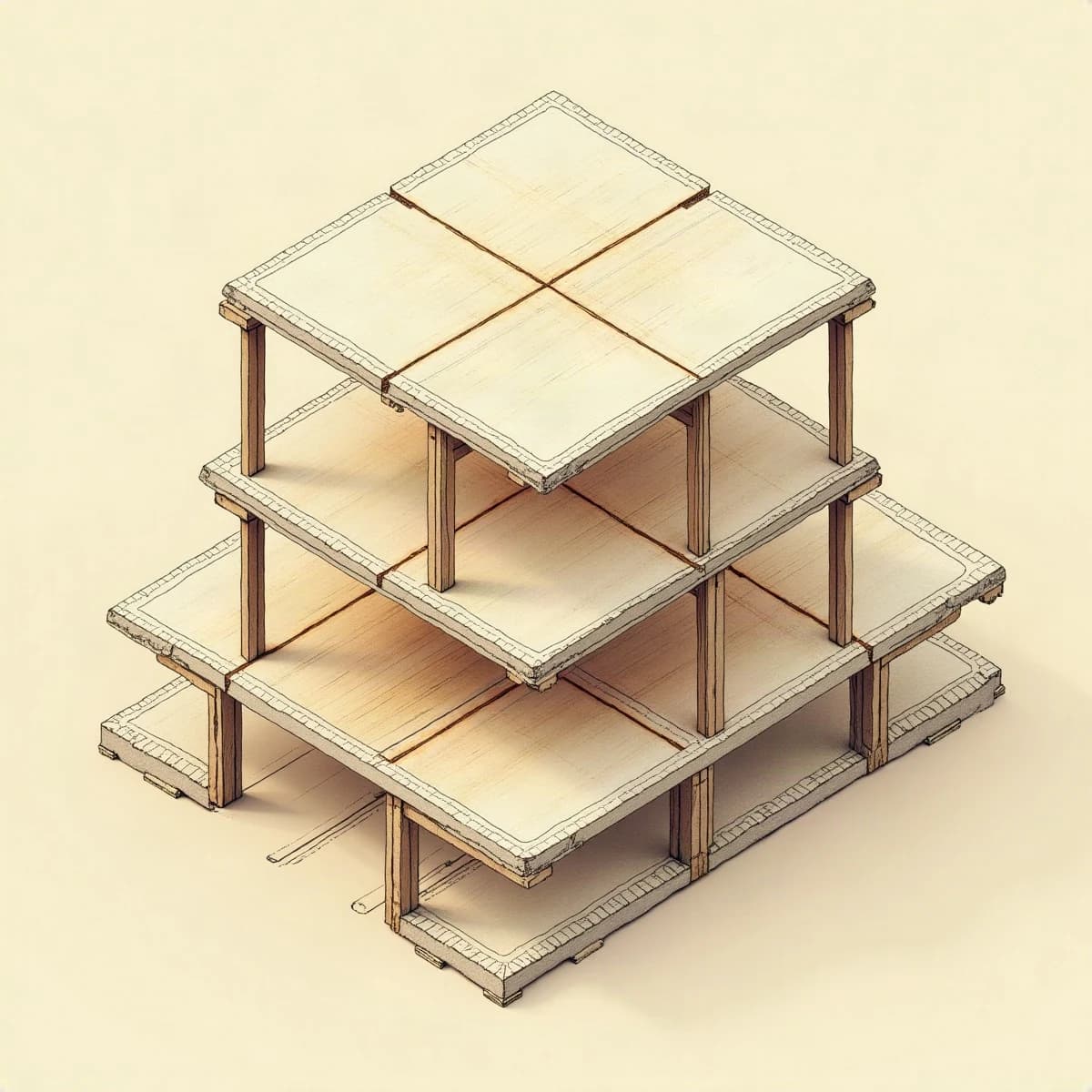 Axonométrie éclatée d'une structure poteaux-planchers, niveau par niveau.