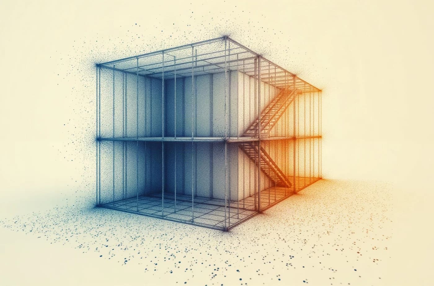 Nuage de points d'un bâtiment relevé au scanner laser, des points bleus aux points ambrés.